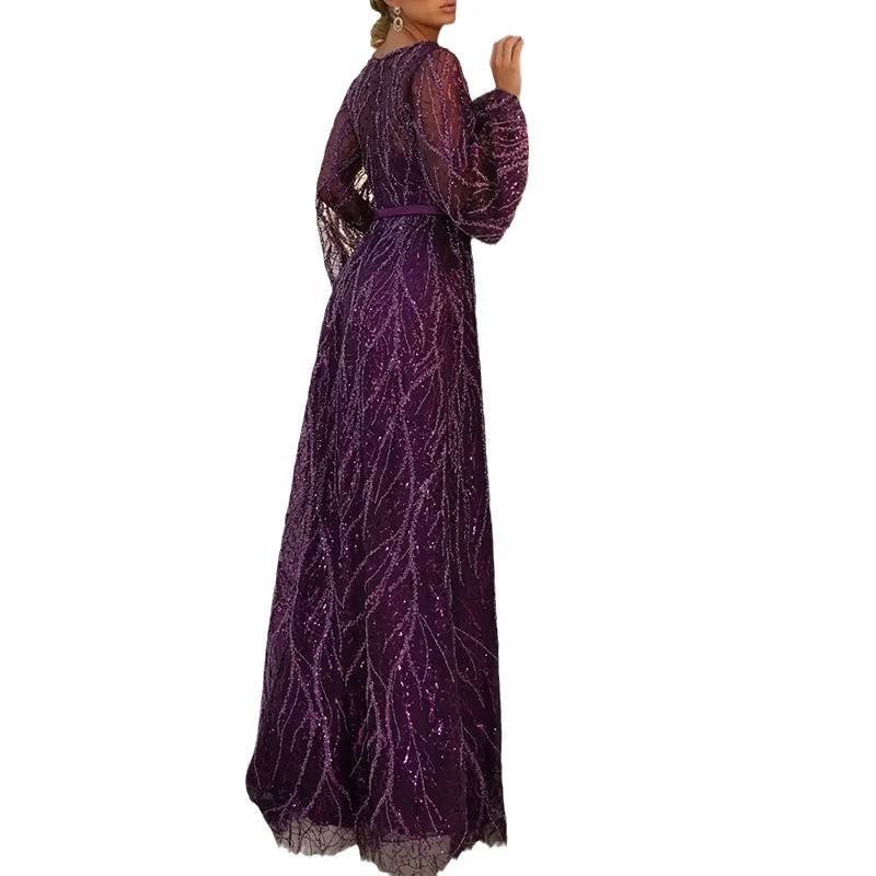 2025 vestido de lentejuelas europeo y americano transfronterizo simple con lentejuelas con cuello en V vestido de fiesta largo con cordones