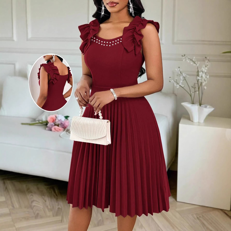Small Size Women's Summer Elegant Dress with Lotus Sleeves, U-Neck, Pearl Embellishments, Pleated Slim Fit A-Line Mid-Length Dress