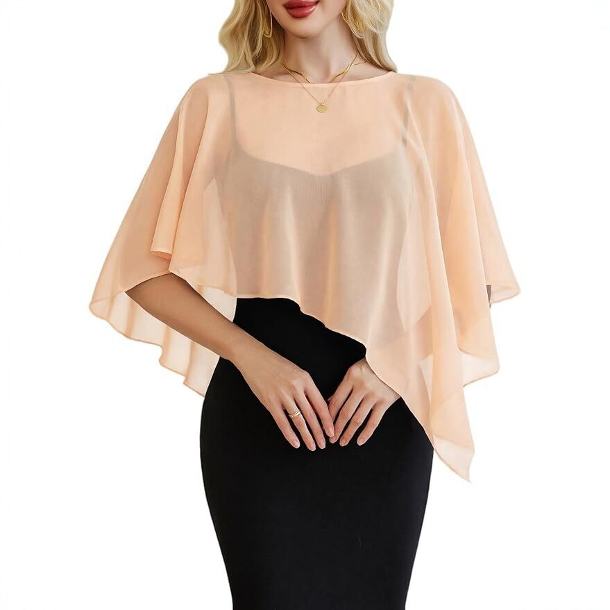 Wholesale Chiffon Batwing Sleeve Elegant Evening Wedding Shawl Wrap Sheer Mesh Asymmetrical Hem Formal Cover-Up