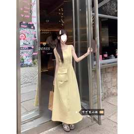 清纯温柔黄色连衣裙女夏圆领收腰显瘦a字裙子隐形拉链＋小背包