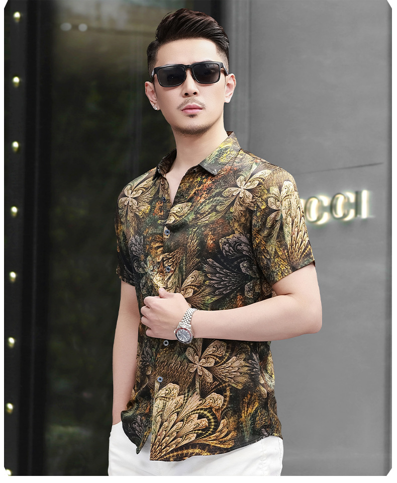 Áo sơ mi nam tay ngắn lụa satin in hoa cao cấp mùa hè — Màu hình 5316 chi tiết 12