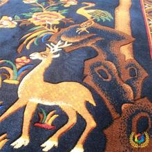 ✅藏式藏毯 新西蘭純羊毛手工剪花地毯 羊毛蓝色 鹿鹤座毯柔软藏