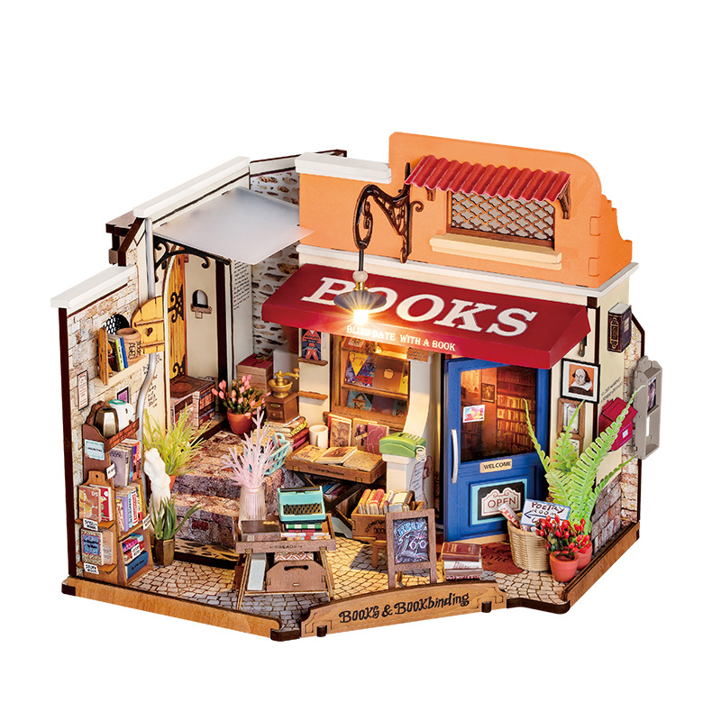 Rollife Ruo Lai DIY Casa hecha a mano Esquina Librería Casa de arte Casa pequeña en miniatura Modelo de ensamblaje Bloques de construcción Mujer