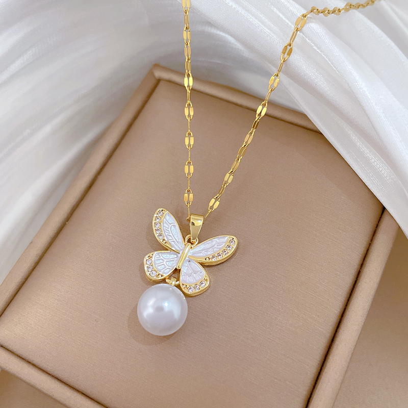 Gorgeous Butterfly Pearl Necklace Set Titanium Steel Clavicle Chain_voghion.com
