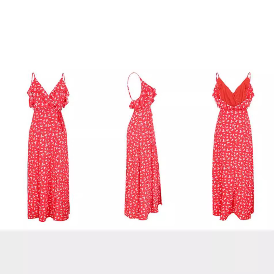 Cross-border exclusive for Amazon explosion sexy split v-neck ruffled printed bohemian dress bandage skirt