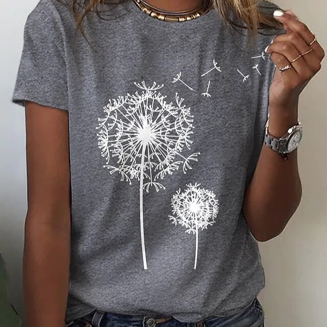 Women's T-Shirt Dandelion Print Short-Sleeved Casual Holiday Basic Round Neck Regular Flower Painting 3D Printing Jacket