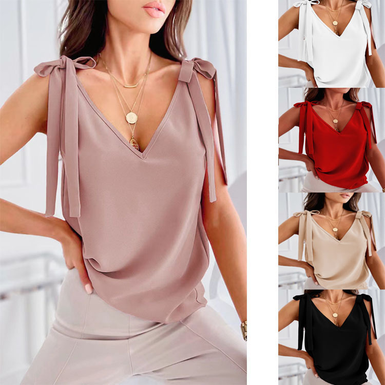 2024 Amazon lace-up bow camisole Women's European and American summer retro sweet V-neck top
