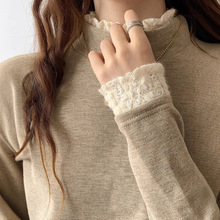 立领德绒蕾丝打底衫女内搭半高领春秋冬季加绒长袖t恤设计感上衣