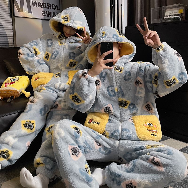 Autumn and Winter New Style Zipper Hooded Cartoon Cute Couple Style Warm Coral Velvet Can Be Worn Outside Home Clothes Two-Piece Suit