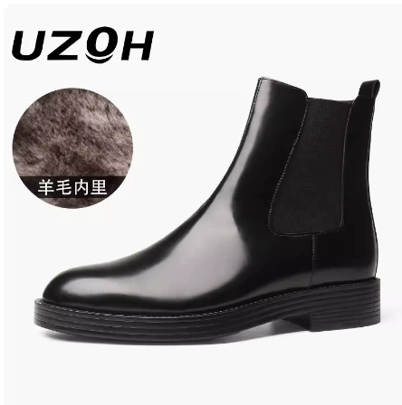 Мужские кожаные ботинки Британские ботинки Martin без шнуровки Зимние теплые кожаные короткие сапоги на флисовой подкладке Высокие Ботинки Челси Модные