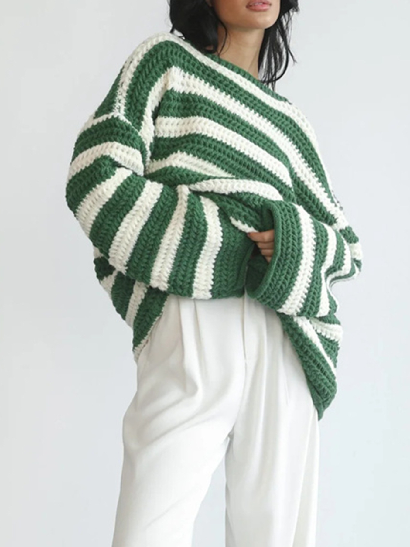 Europa y América transfronteriza Amazon Otoño e Invierno superior suelta fuera del cuello a rayas de manga larga Jersey de punto suéter casual para las mujeres