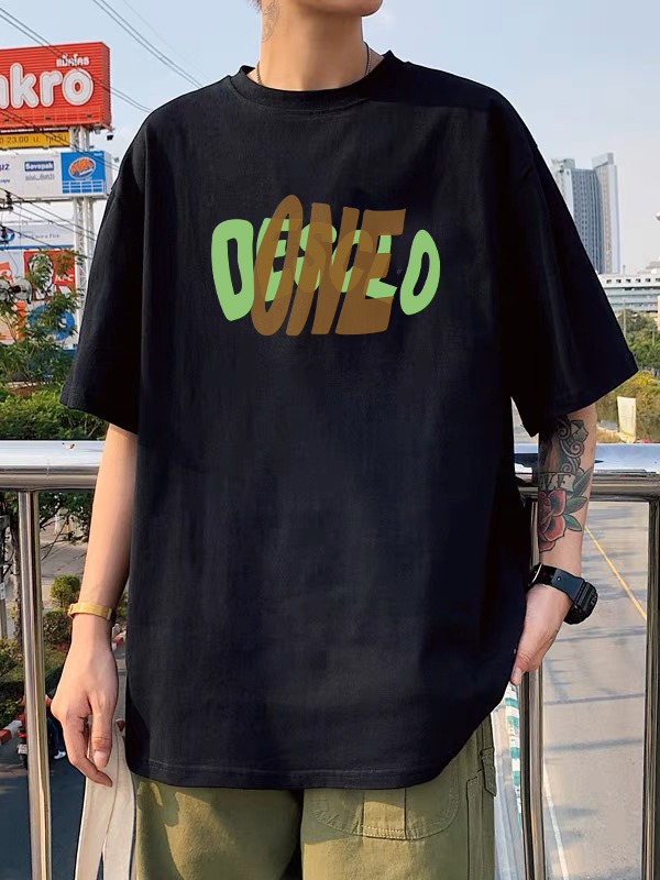 Hong Kong style letter Black Ice Silk couple's men's and women's same round neck short sleeve T-shirt men's fashionable all-match casual top clothes