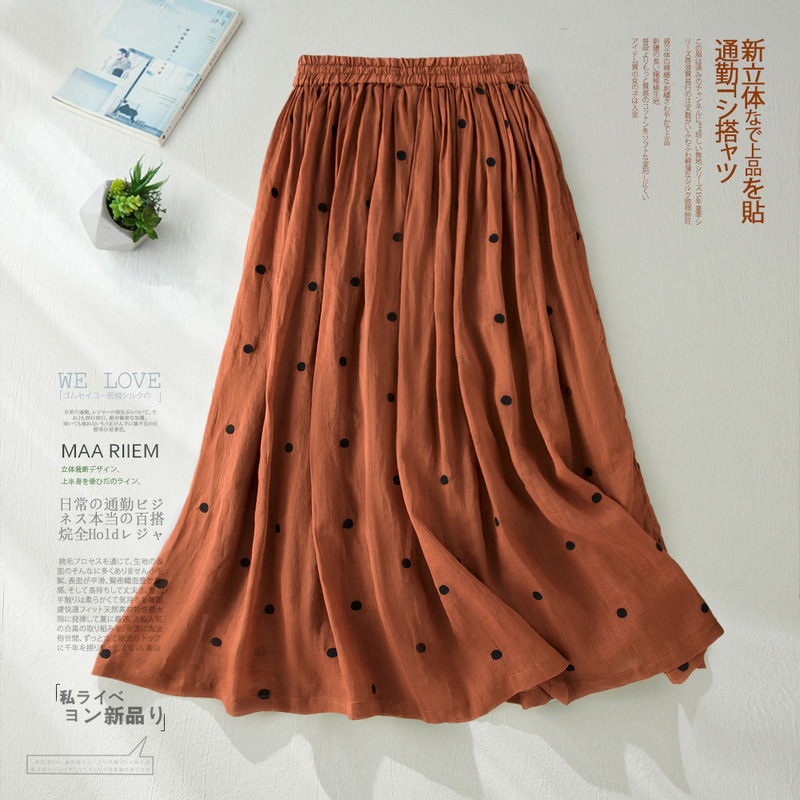 夏の新スタイル日本オリジナルコットンとリネンのスカート女性のための大きな裾ハイウエスト二層ラミー A ライン水玉ロングスカート|undefined