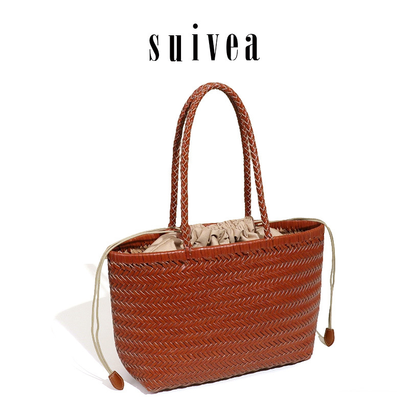 Influencer Style Genuine Leather Woven Basket Bag - Minimalist Large Capacity Versatile Shoulder Handheld Tote Bag For Women - Thumbnail 2