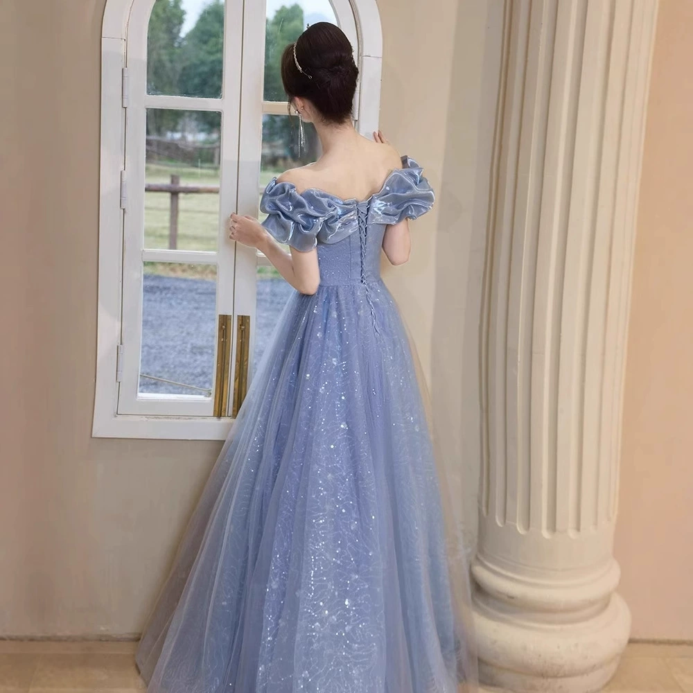 Blue evening dress, open shoulders, high-end