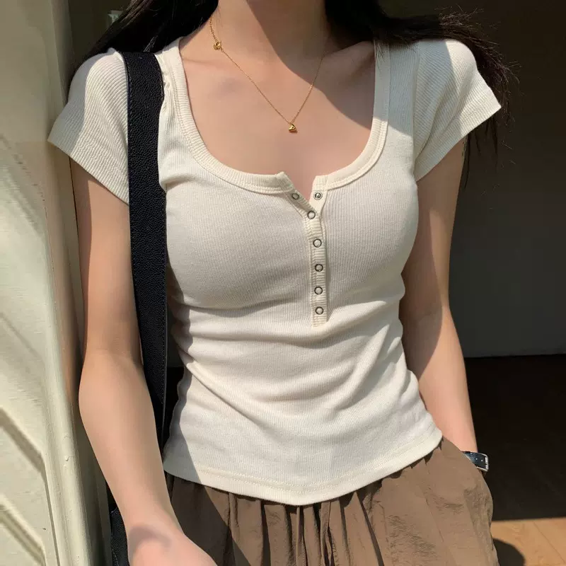 螺纹棉纽扣T恤女短袖2025夏新款方领百搭外穿修身显瘦上衣打底衫