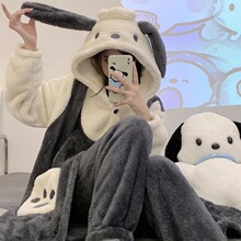 帕恰狗睡衣女秋冬季加绒加厚珊瑚绒睡袍卡通可爱法兰绒家居服套装