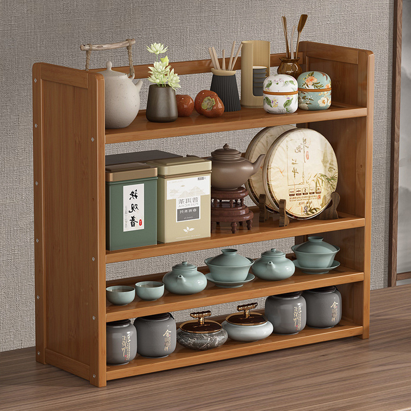 Desktop antique-style wooden Chinese small household minimalist tea canister stand with purple clay pot display storage shelf