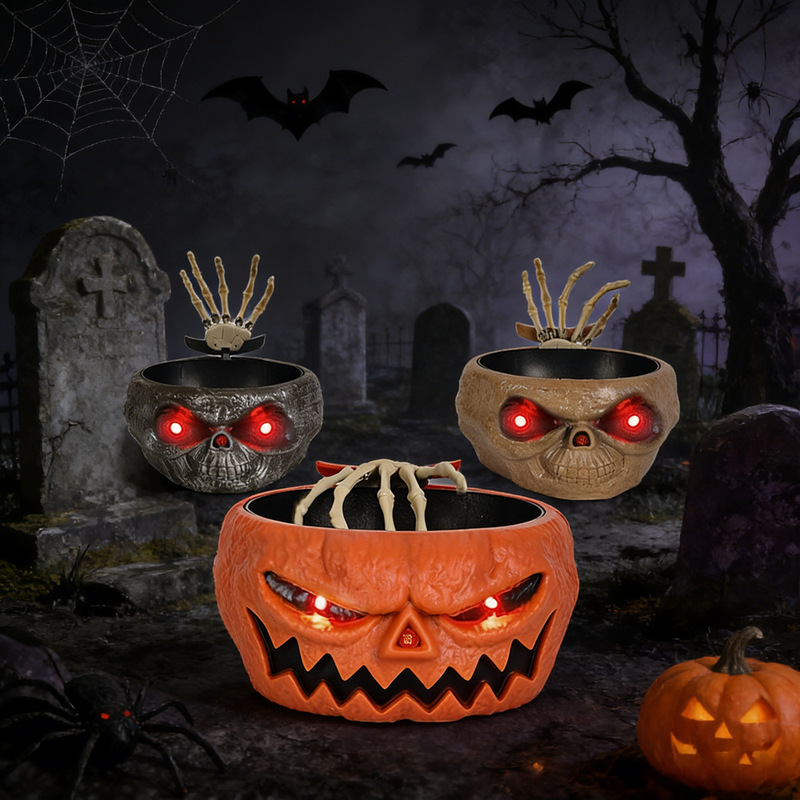 Halloween Fruit Plate Ornaments Induction Electric Fruit Plate Toys Glowing and Sounding Horror Ghost Hand Shaking Ornaments Secret Room Ghost