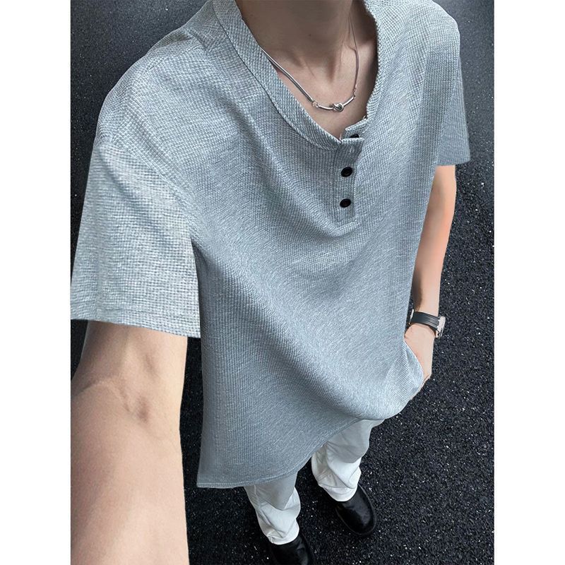 2025 夏アメリカンカジュアルメンズ半袖 Tシャツワッフルトップヘンリーシャツルーズレトロ Tシャツ|undefined