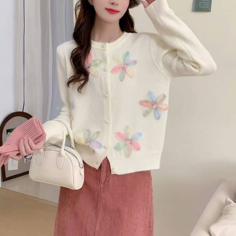 Korean Style Spring & Fall New Style Gentle Style Heavy Industry Stereo Gradient Lace Flower Sweater Women's Sweet Short Knitted Cardigan