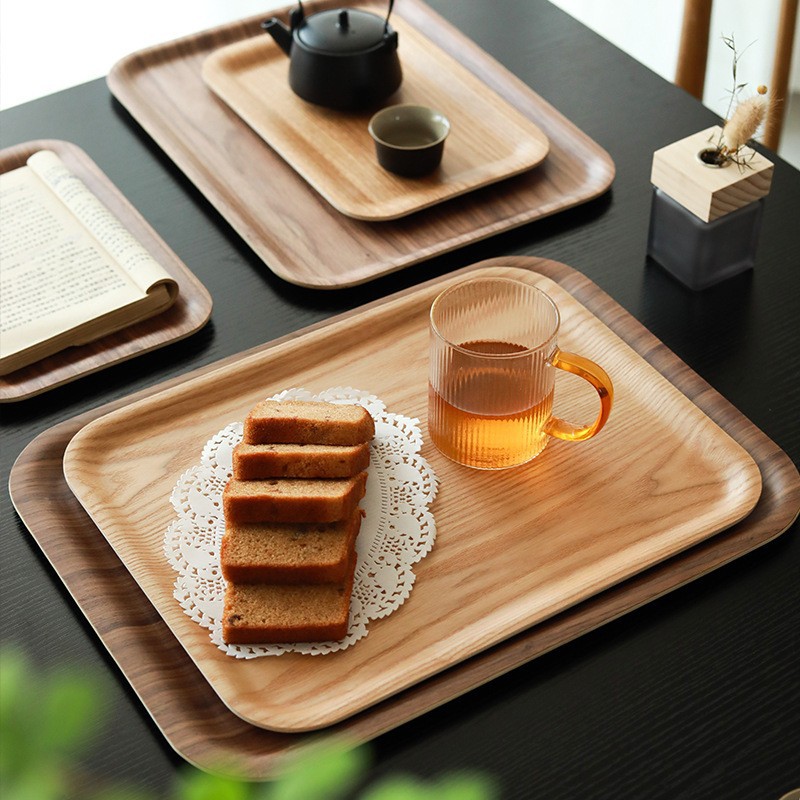 Bandeja rectangular de nogal japonés Plato de madera Plato de comida Taza de agua de café Taza de té Plato de bocadillos de frutas al por mayor para el hogar