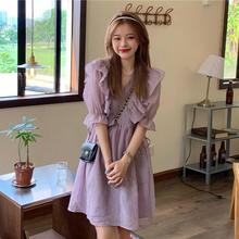 紫色连衣裙女夏季204新款荷叶边收腰显瘦很仙的短袖特别的裙子