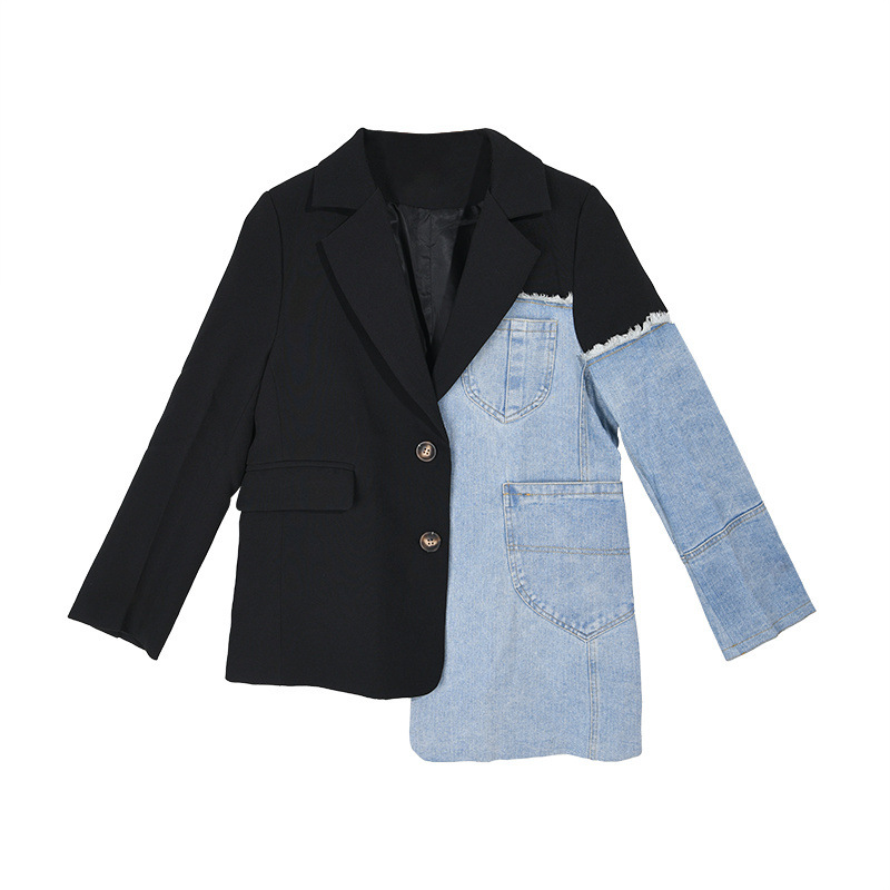 Korean Autumn New Hong Kong Style Loose Suit Stitching Denim Jacket Fashion Irregular Suit Top Women