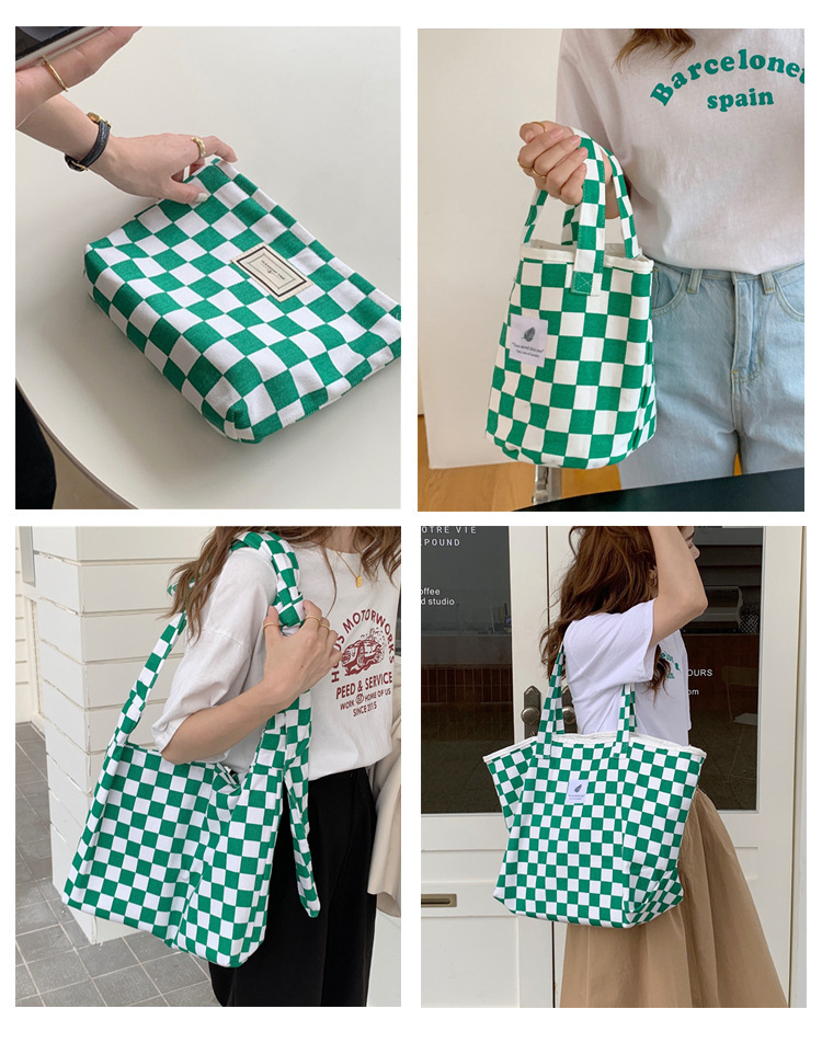 【 In Stock 】18181 checkerboard green checkered canvas bag, school-style commuter single-shoulder bag, retro hand-held tote bag Item Picture
