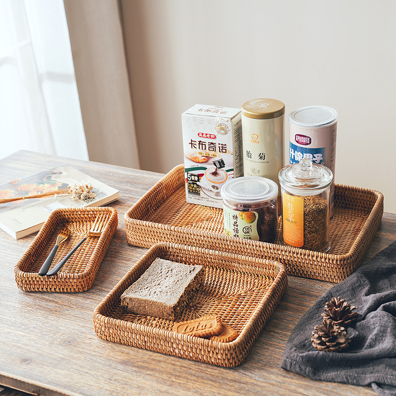 Bandeja casera de ratán, mesa de comedor, taza de té, taza de agua, bandeja de té de almacenamiento, sala de estar grande, bandeja de pastelería rectangular, plato de frutas para bocadillos