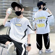 夏季儿童时尚潮范短袖休闲套装中大男童字母短袖宽松九分裤两件套