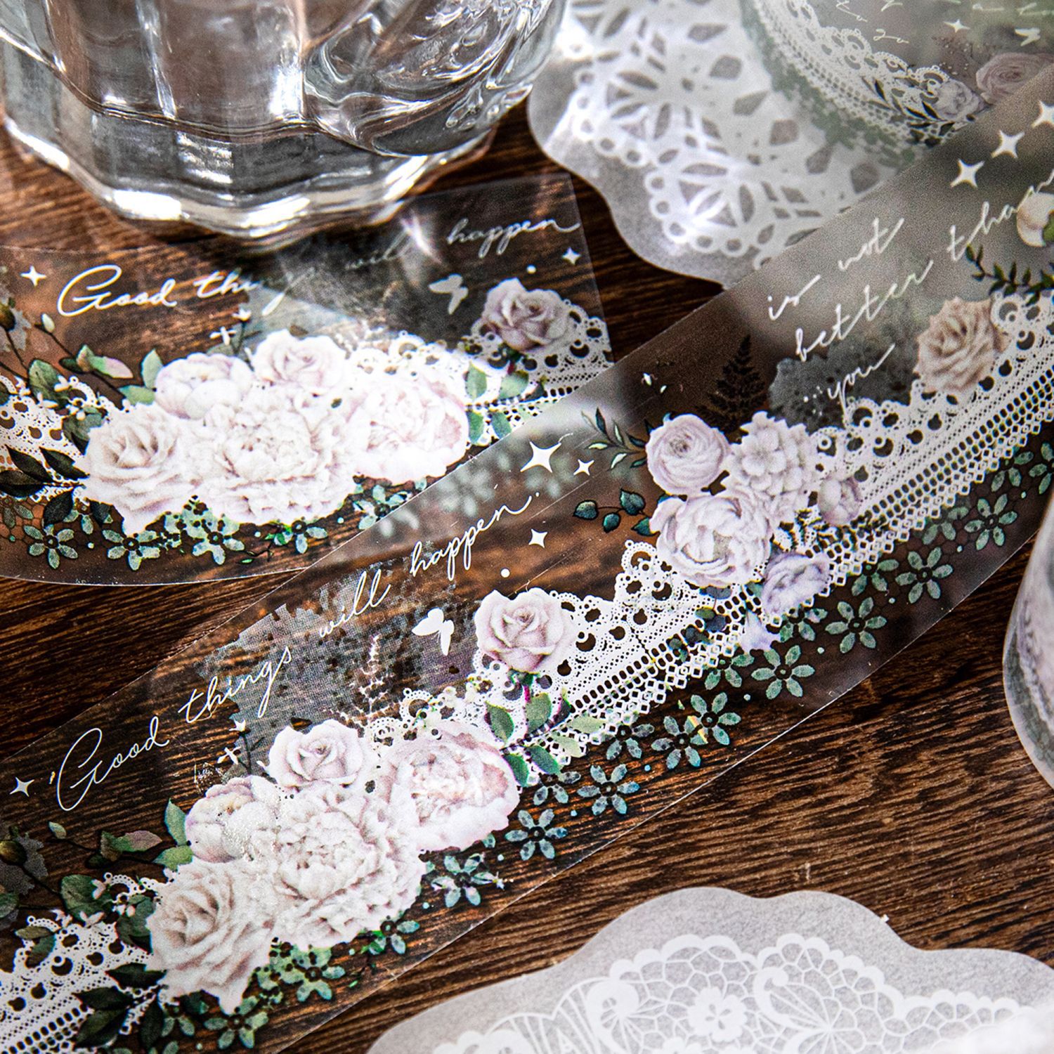 Azúcar poesía niebla PET tinta blanca encaje cinta de borde de la serie de danza de encaje tela de mano DIY cinta de decoración