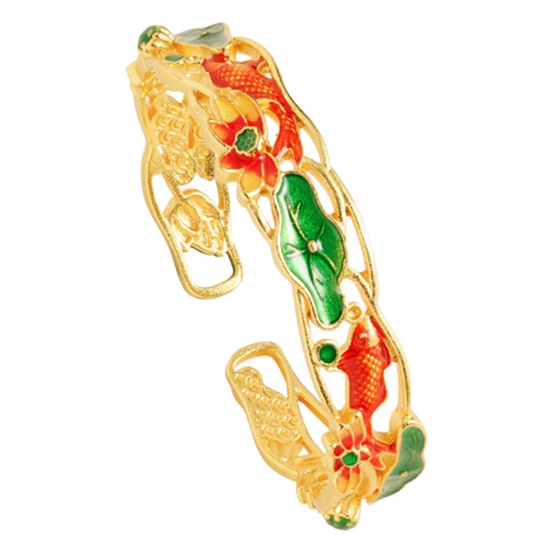 Esmalte Lotus Pond Moonlight pulsera abierta de alto grado de diseño de nicho retro elegante todo fósforo Luz de lujo arena joyería de oro