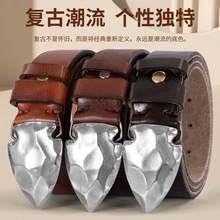 加厚复古潮流个性盾牌不锈钢扣头层牛皮皮带男真皮板扣牛仔裤腰带