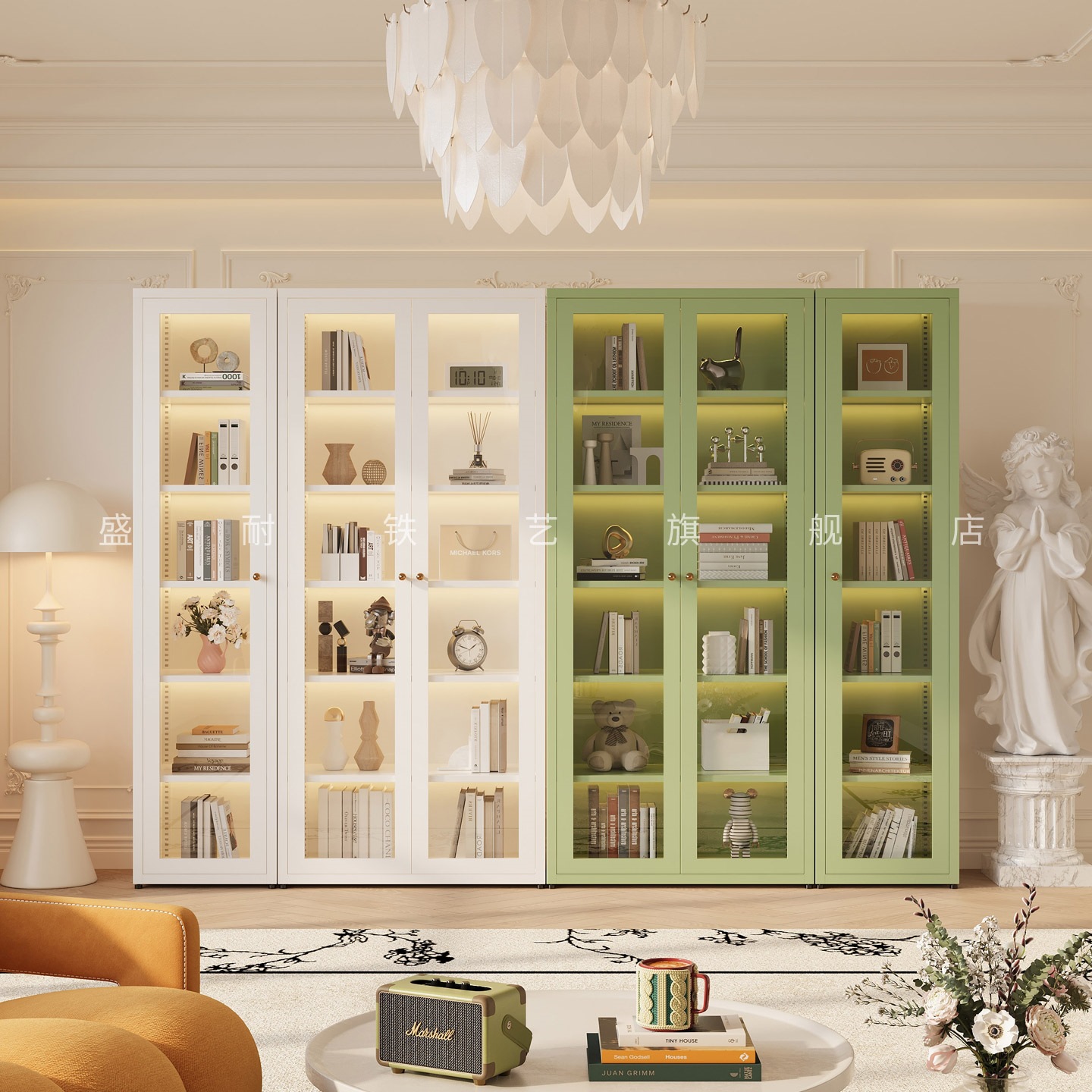 Bookcase Glass Door Dustproof Bookshelf Storage Cabinet Wrought Iron Storage Cabinet Living Room Storage Cabinet Home Display Cabinet