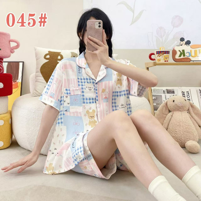 クラウドコットンパジャマ女性の夏の半袖ショーツカーディガンラペルルーズ外国貿易ライブブロードキャストルーズクロスボーダーホーム服|undefined