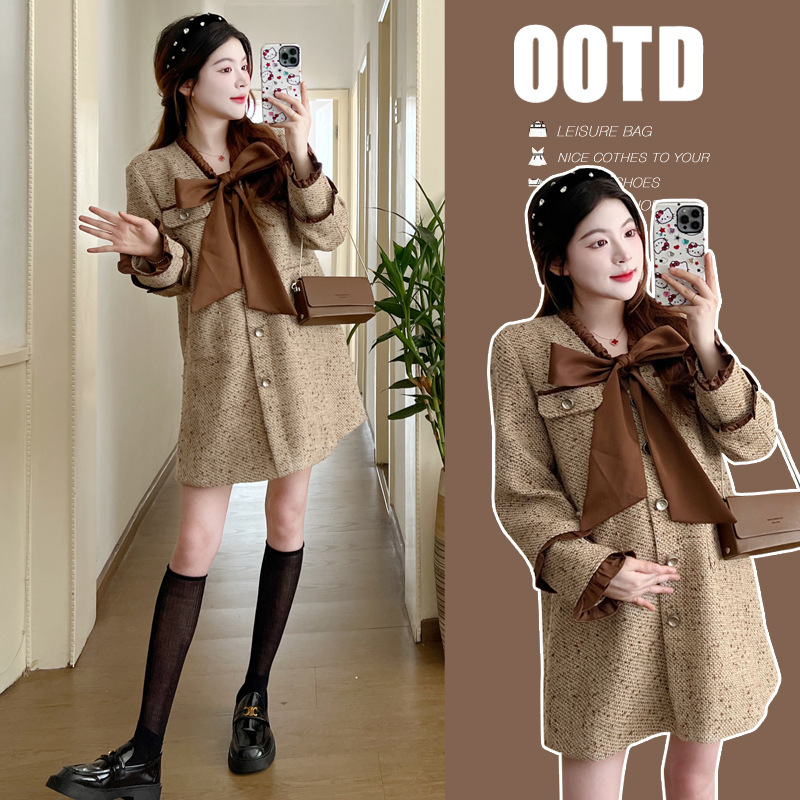 Real shot in stock pregnant women Chanel style thickened fashionable western style mid-length dress lengthened +