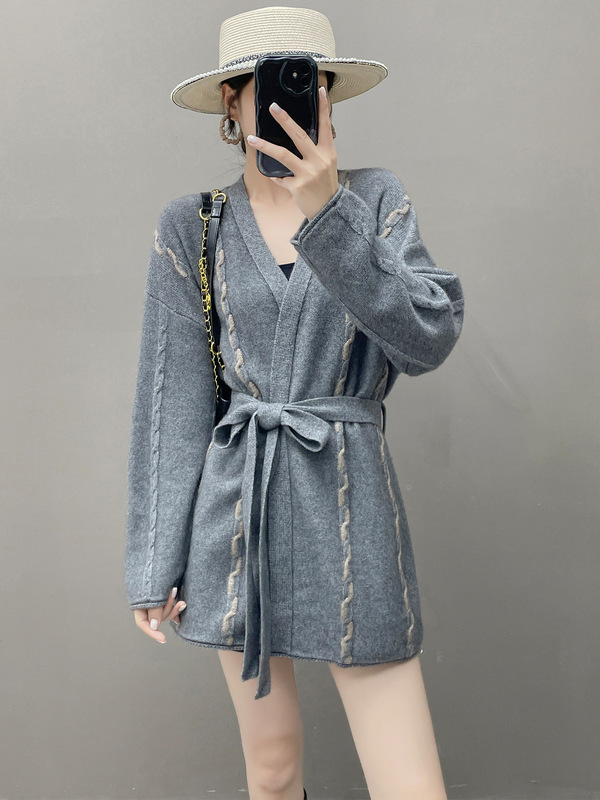 气质秋冬新款小baby山羊绒开衫女V领宽松慵懒风针织毛衣外套外搭|undefined