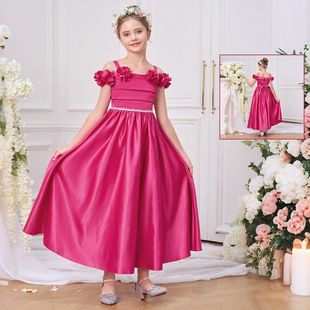 Cross-Border New Big Children's Dress Shoulder Satin Fluffy Long Skirt Flower Dress Holiday Performance Dress