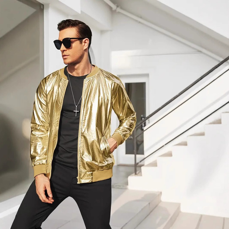 2025 Men's Glossy Metallic Jacket 70S Disco Christmas Party College Jacket Zipper Baseball Uniform