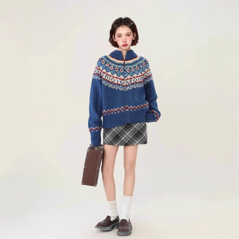 Fair Isle Blue Turtleneck Sweater Jacket for Men and Women Winter Scandinavian Style Retro Lazy Style Thickeneded Knitted Cardigan Winter