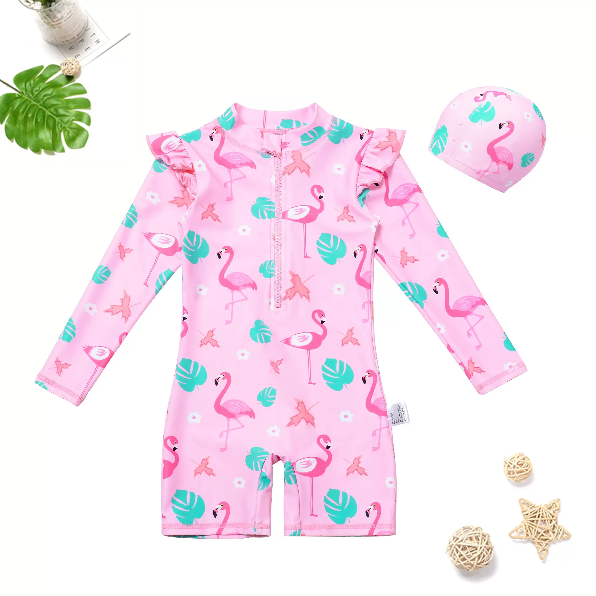 女童连体泳衣套装火烈鸟长袖中裤带泳帽A类防晒速干儿童游泳衣