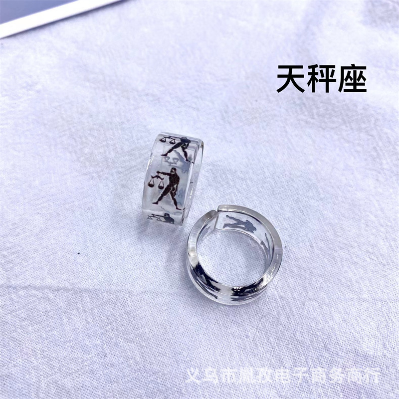 Nuevo 12 constelación patrón acrílico resina anillo transparente personalidad ajustable anillo transfronterizo Venta caliente exclusivo