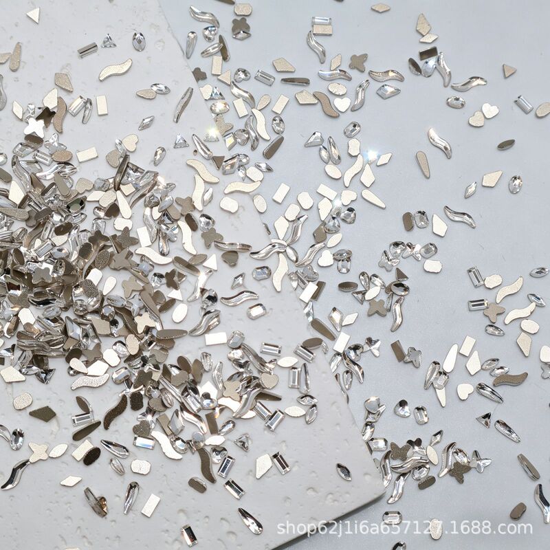 K9 white mini, medium, and large flat-bottomed irregular-shaped nail art rhinestones in various styles: egg-shaped, wavy, water drop, heart-shaped, and more