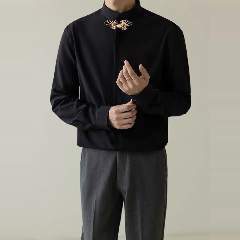 New Chinese Style Light Mature Style Shirt Men's Bridegroom Wedding Registration Dress Engagement Interior Black Lining Collar Long Sleeve Shirt New Chinese Style Light Mature Style Shirt Men's Bridegroom Wedding Registration Dress Engagement Interior Black Lining Collar Long Sleeve Shirt