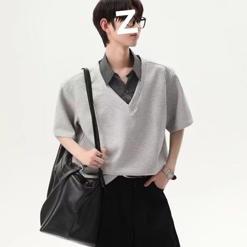 【250G Mamba Cotton with Washable Label】Fake Two-Piece Simple Plaid Polo Shirt Short-Sleeve T-Shirt for Men Summer Patchwork Top