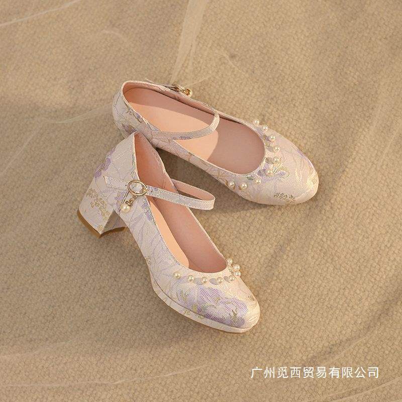 Han Dynasty Retro French Antique High Heels Chinese Style 2025 New Cheongsam Chinese Embroidered Shoes Mary Jane Leather Shoes