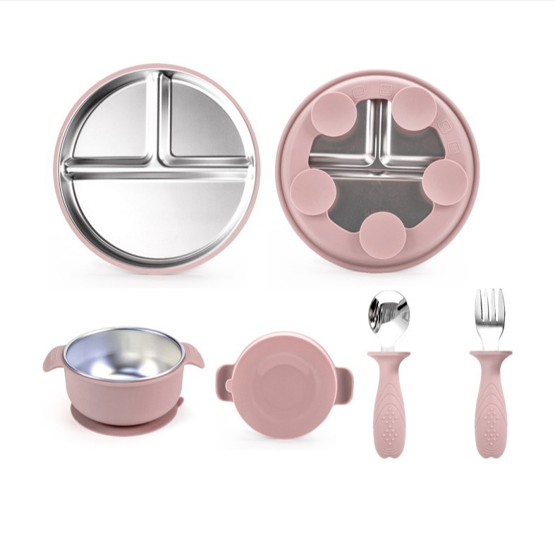 라이트 파우더 4개 - 실리콘 커버가 있는 스테인리스 접시 + 스테인리스 실리콘 그릇 + 스테인리스 포크와 스푼