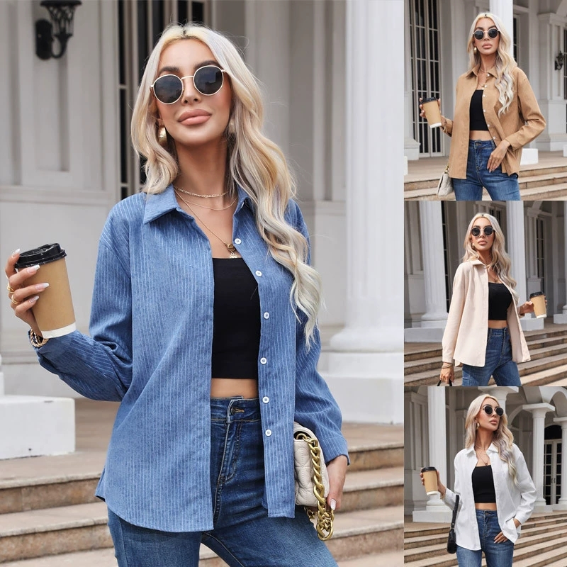 2024 Amazon, новая вельветовая белая рубашка для женщин, осенне-зимняя коллекция, с длинными рукавами, свободного кроя и универсального стиля, для трансграничной внешнеторговой деятельности в Европе и Америке.