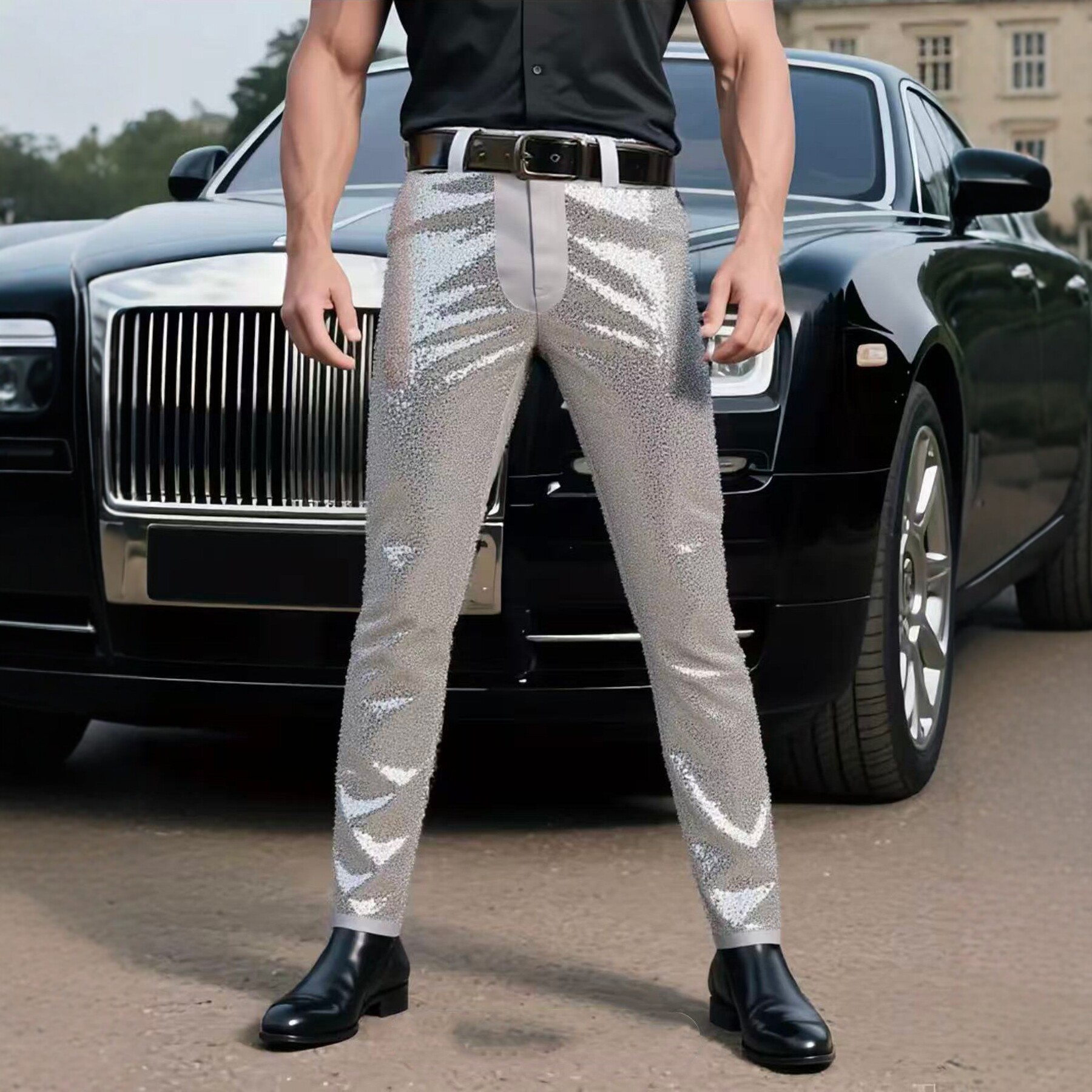 Men's Clothing Men's Sequined Slim Fit Dress Pants Style Stage Performance Sparkling Long Trousers Trendy Men's Clothing_voghion.com